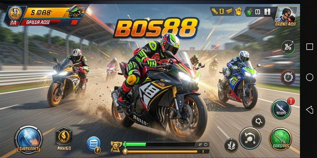 Tampilan gameplay BOS88 yang mendebarkan saat balapan motor.