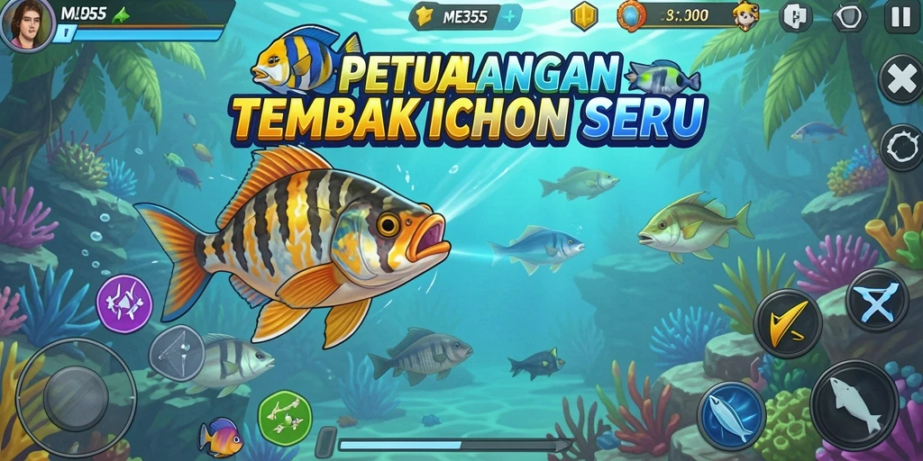 Skrin utama ME355 menunjukkan aksi menembak ikan yang mendebarkan.