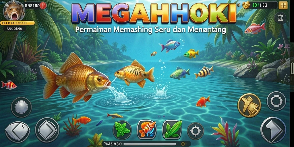 Screenshot MEGAHOKI menampilkan aksi memancing seru dengan ikan beragam.