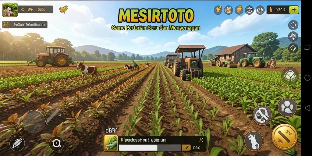 Screenshot gameplay MESIRTOTO menampilkan kebun luas dan tanaman yang subur.