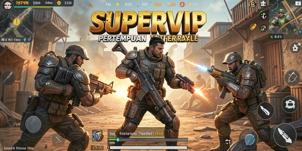 Screenshot permainan <strong>SUPERVIP</strong> menampilkan pertempuran seru di arena Battle Royale.